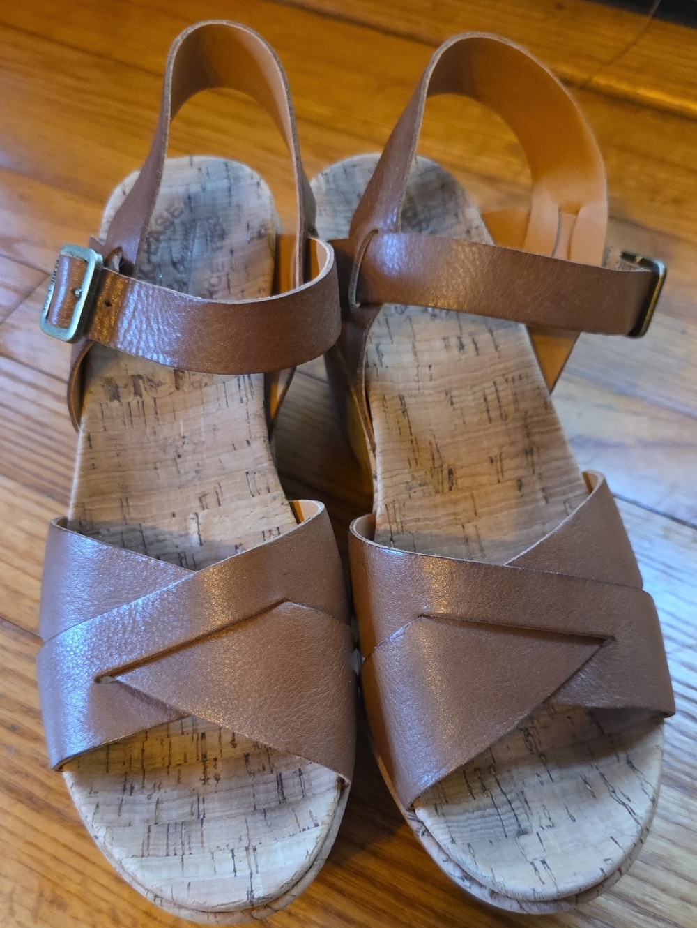 Women's Kork Ease Leather, Cross Cross, Wedge Sandals,  Size 9